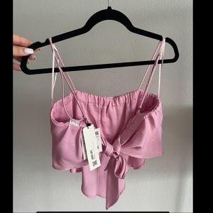 ZARA light pink silk crop top with bow in back - L